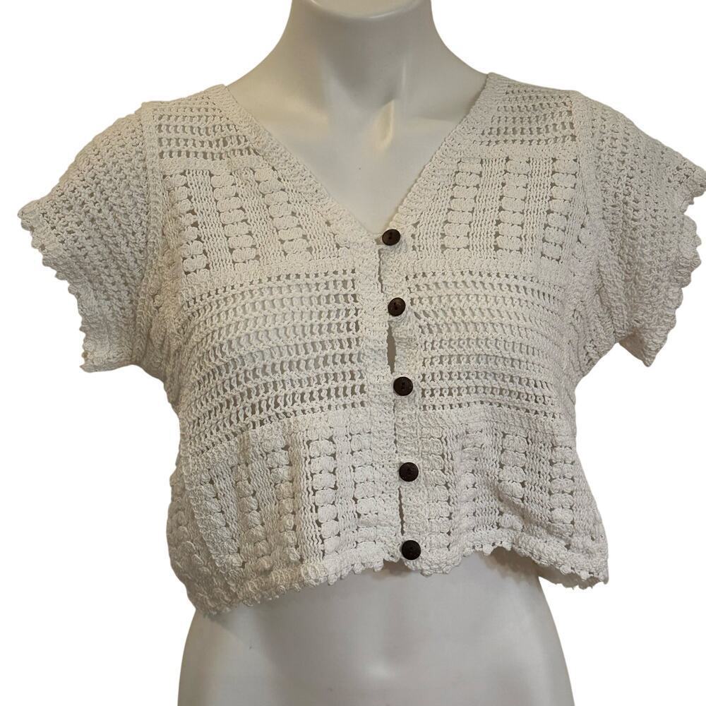 Open Knit Cropped Sweater sz L 100% Cotton Crochet Sweater Short Sleeve Sweater